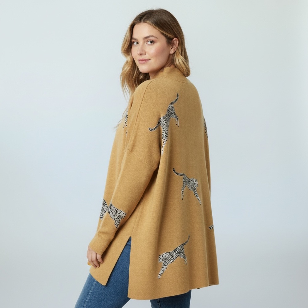 ENTRO Camel Brown/Tan Cheetah Print Mock Neck Relaxed Knit Sweater/Size: XL - Picture 6 of 10